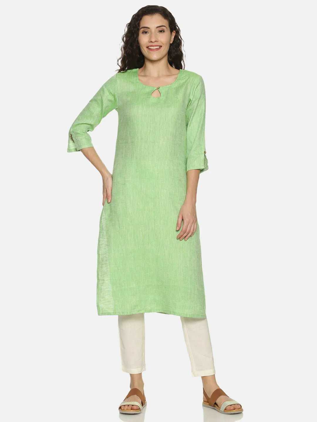 Ecentric Women's Parrot Green Colour Solid Hemp Straight Long Kurta