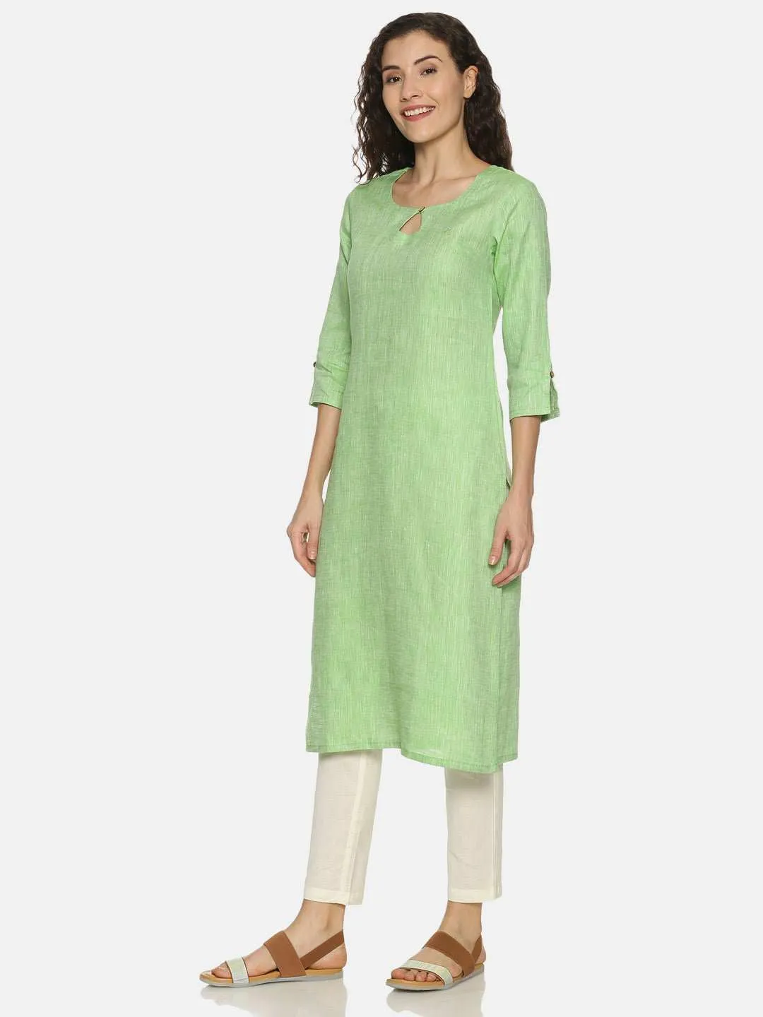 Ecentric Women's Parrot Green Colour Solid Hemp Straight Long Kurta