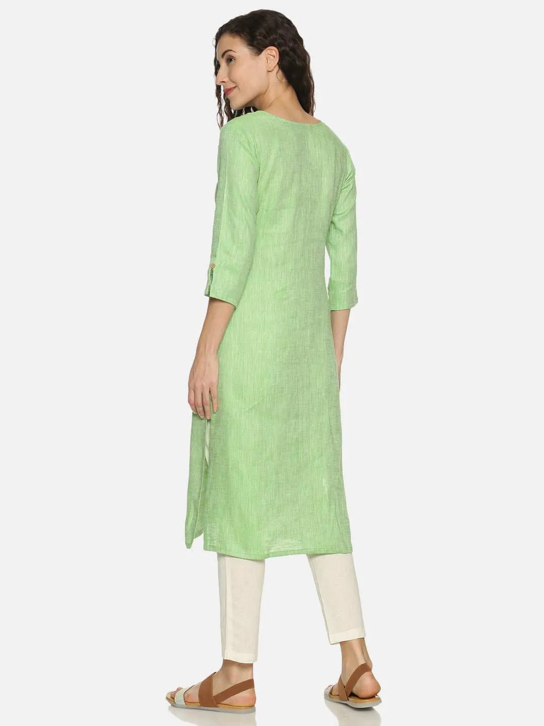 Ecentric Women's Parrot Green Colour Solid Hemp Straight Long Kurta