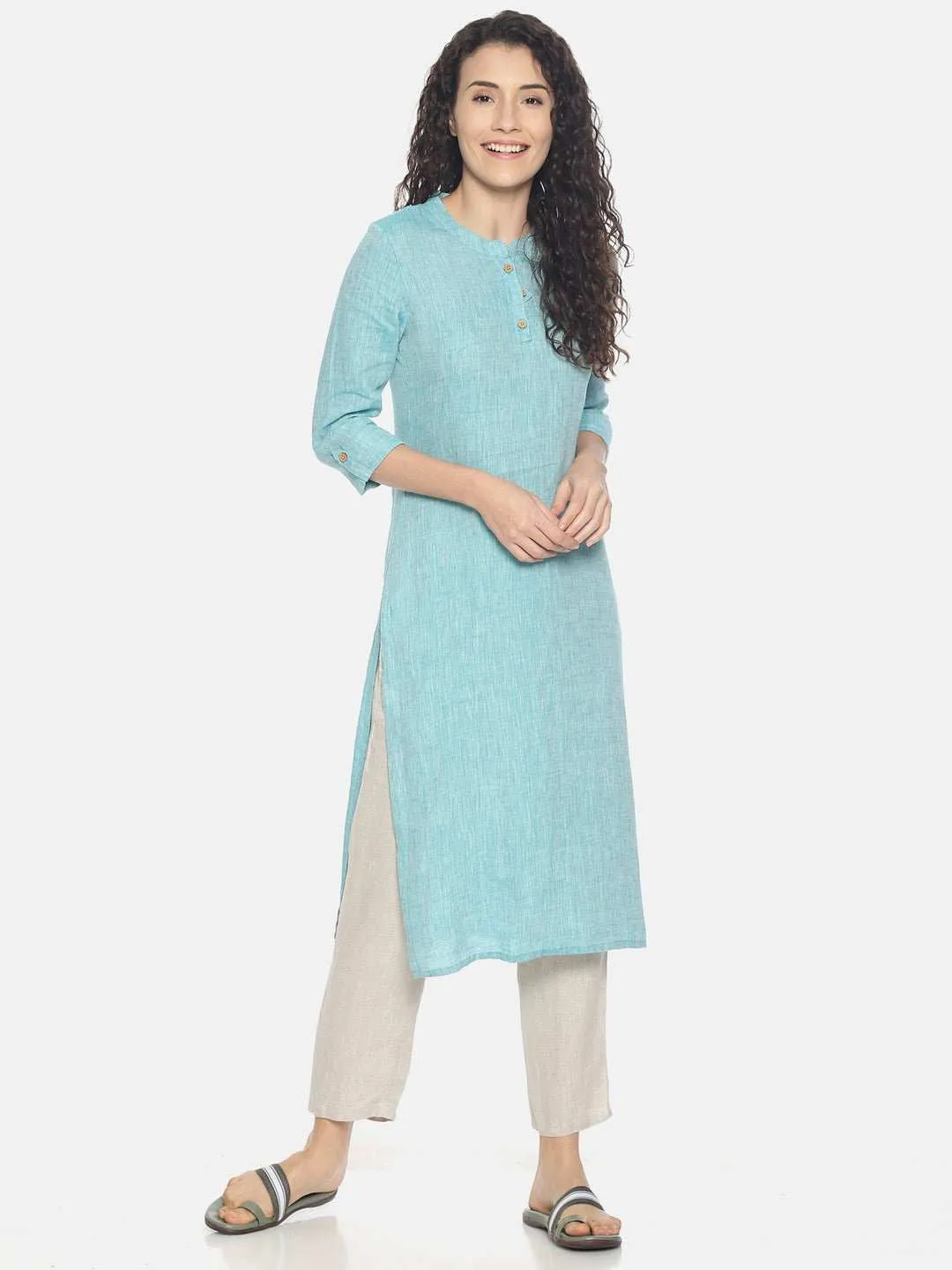 Ecentric Women's Teal Green Colour Solid Hemp Straight Long Kurta