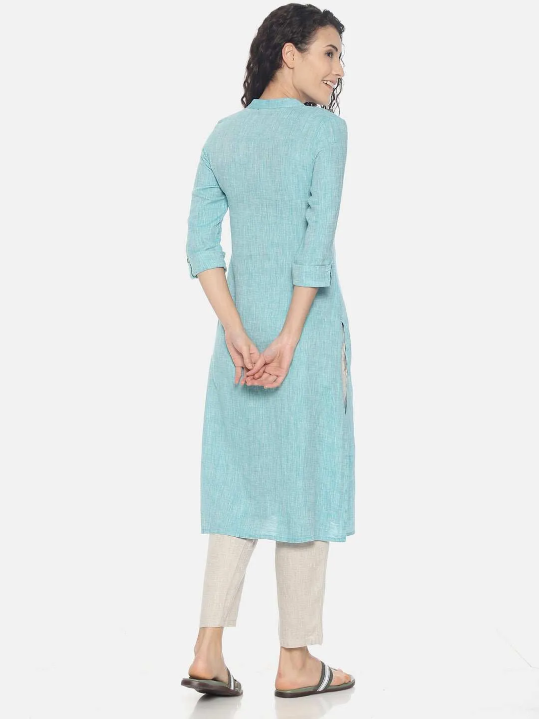 Ecentric Women's Teal Green Colour Solid Hemp Straight Long Kurta