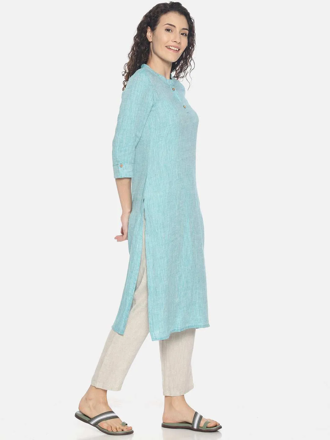 Ecentric Women's Teal Green Colour Solid Hemp Straight Long Kurta