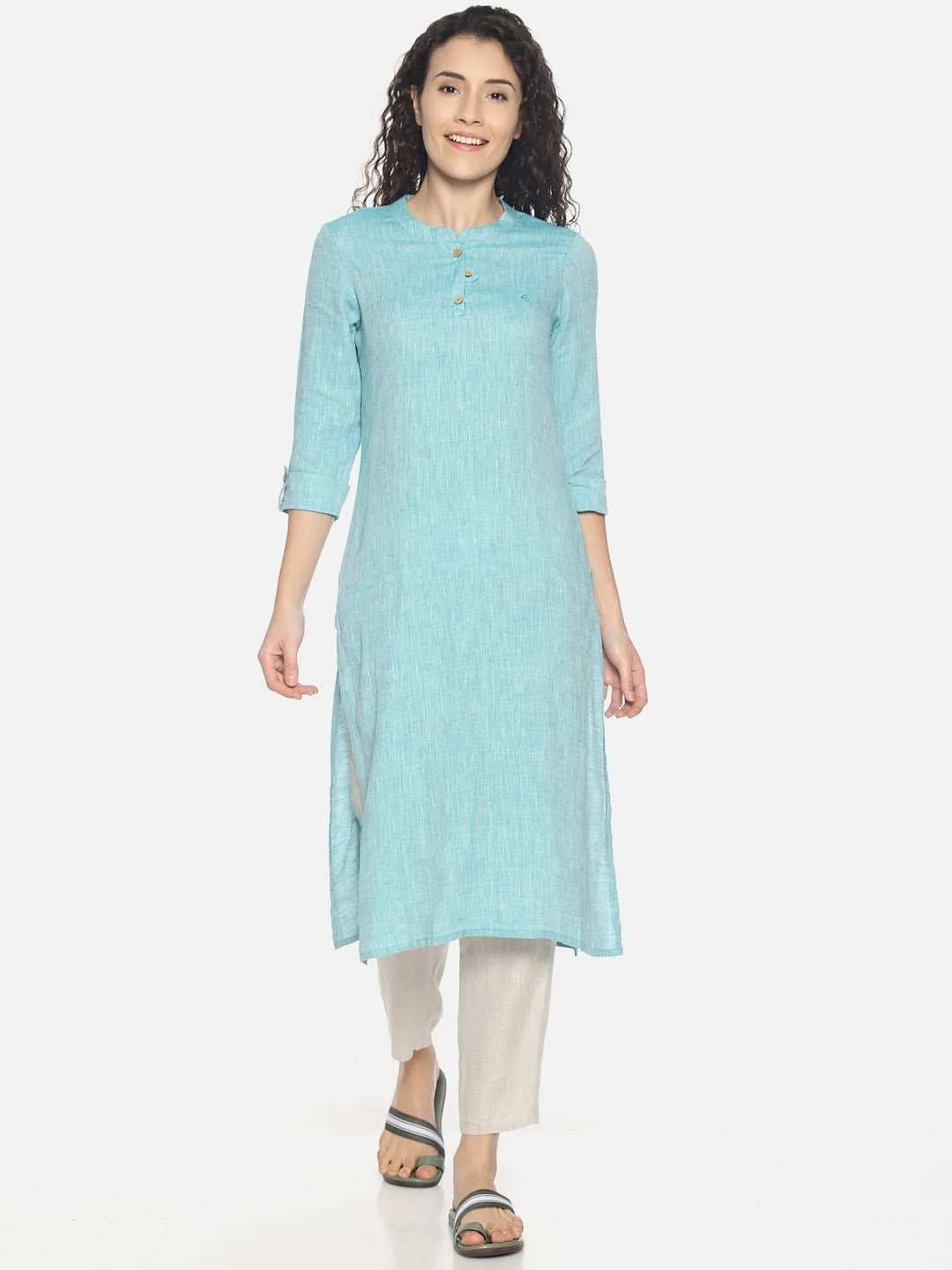 Ecentric Women's Teal Green Colour Solid Hemp Straight Long Kurta