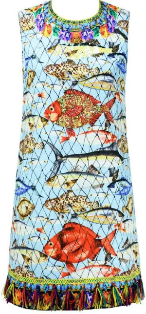 Embellished Fringed Fish-Print Mini Shift Dress