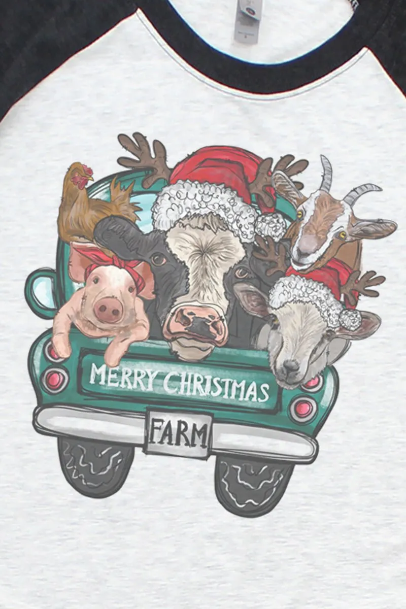 Farm Animals Merry Christmas Tri-Blend Unisex 3/4 Raglan