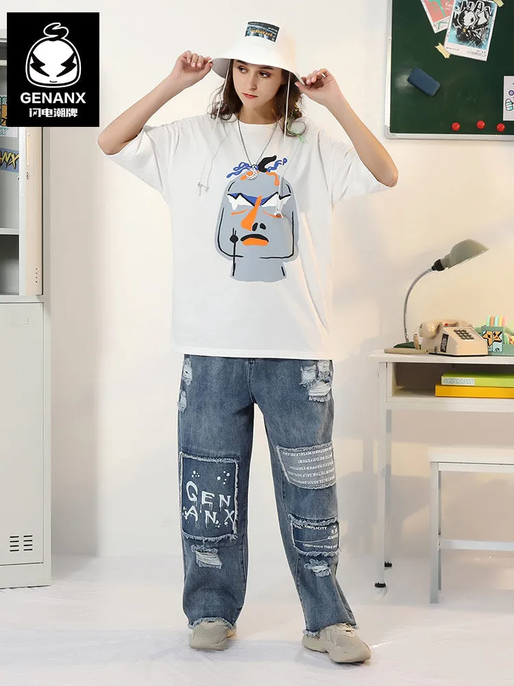 Funny cartoon graffiti letter-print sleeved cotton T-shirt