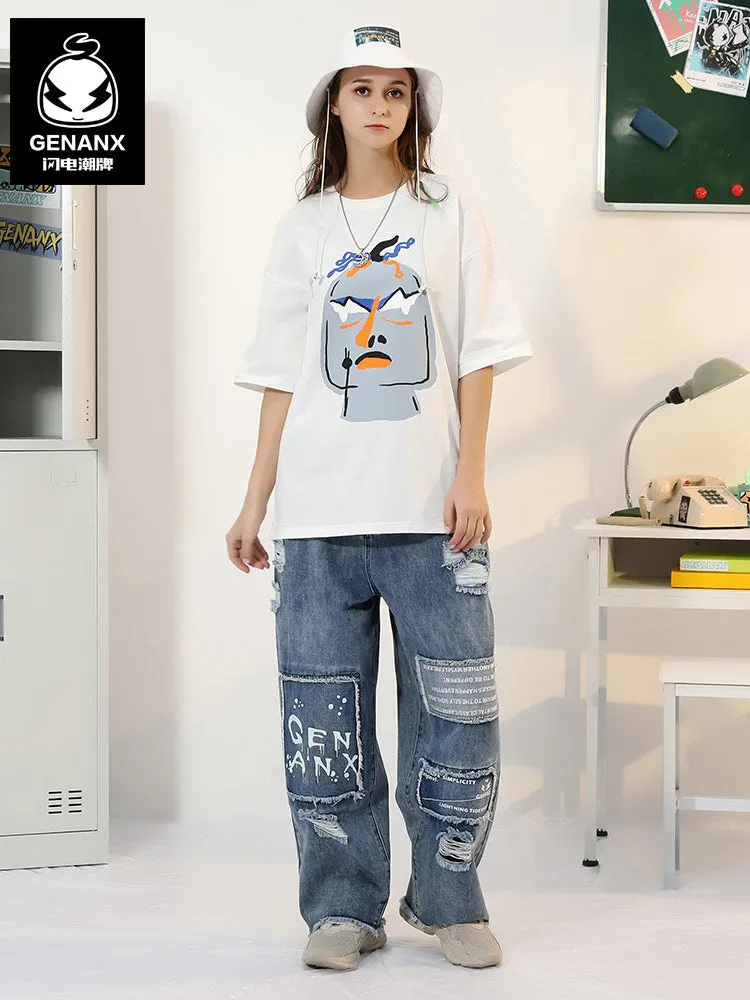 Funny cartoon graffiti letter-print sleeved cotton T-shirt