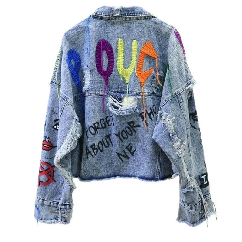 Graffiti Denim Short Jacket with Raw Edge Cut and Tassels