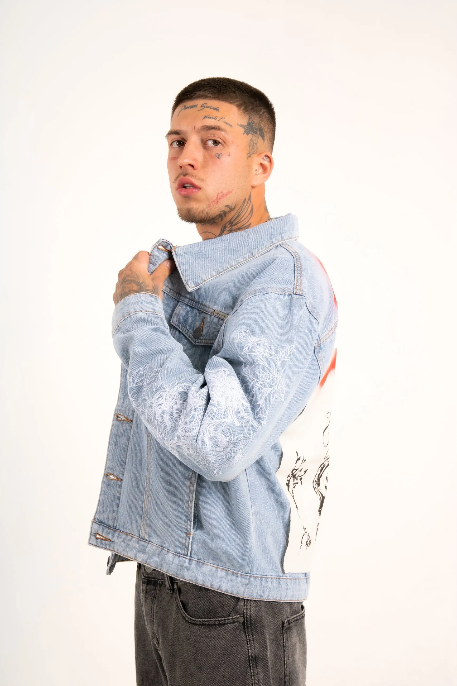 Japanese Graffiti Back Patch Oversized Trucker Jacket in Light Wash