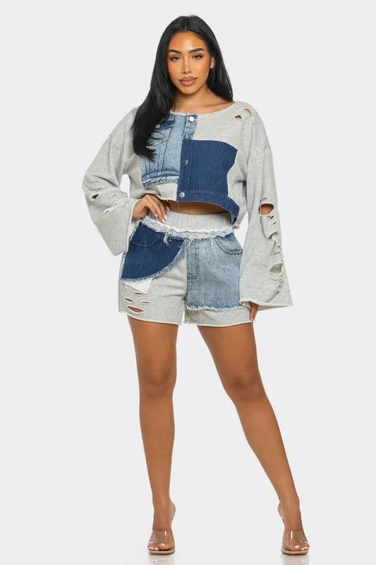 JUST KICKIN IT | Denim Terry Mix Distressed Set (2 Colors)