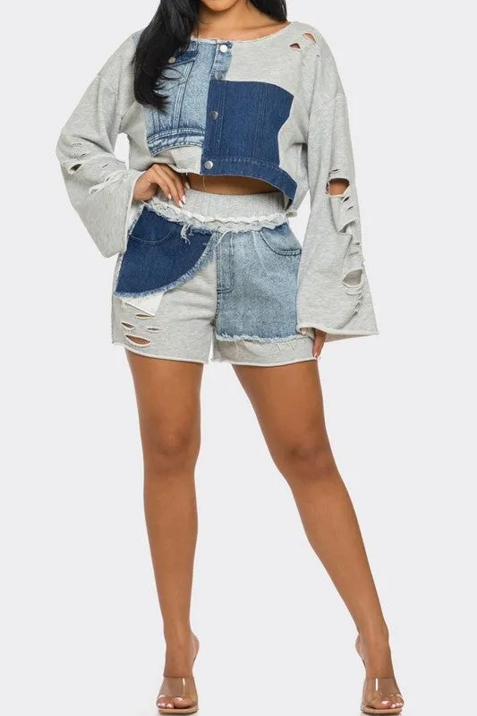 JUST KICKIN IT | Denim Terry Mix Distressed Set (2 Colors)