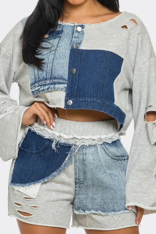 JUST KICKIN IT | Denim Terry Mix Distressed Set (2 Colors)