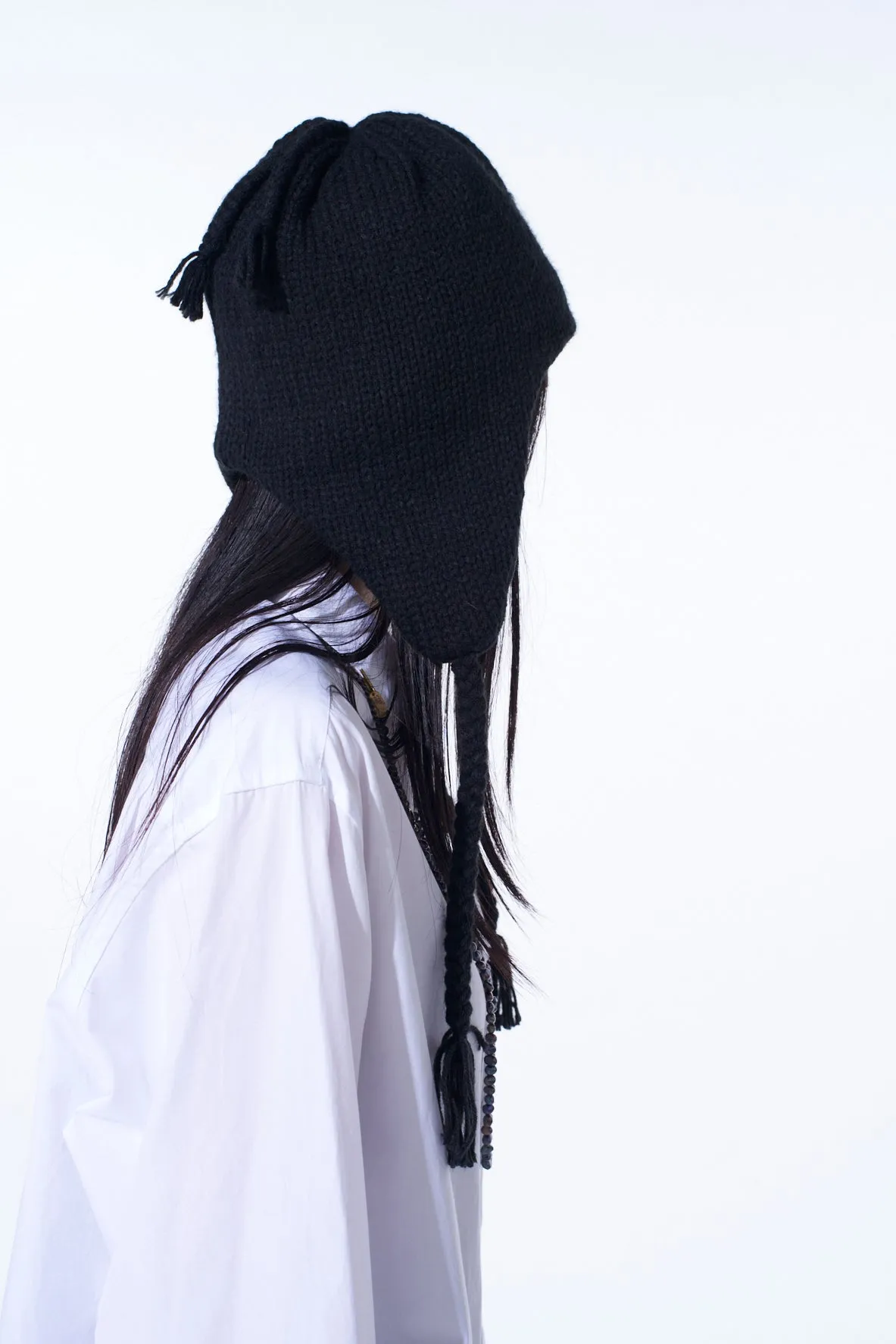 KNIT BEANIE WITH FRINGED EARPIECES