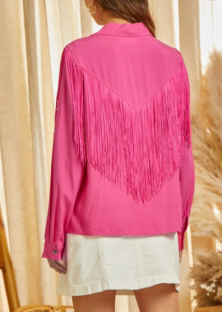 Let's Go Girls Hot Pink Fringe Button Down Top