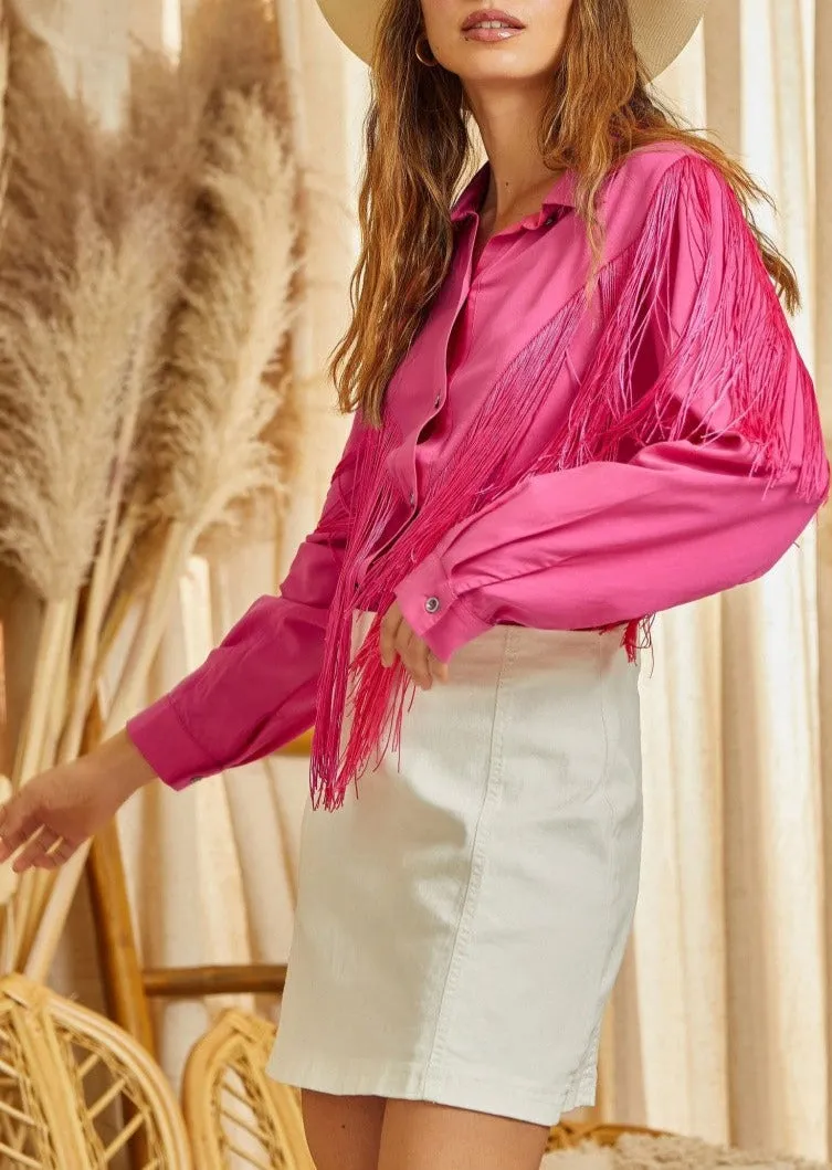 Let's Go Girls Hot Pink Fringe Button Down Top