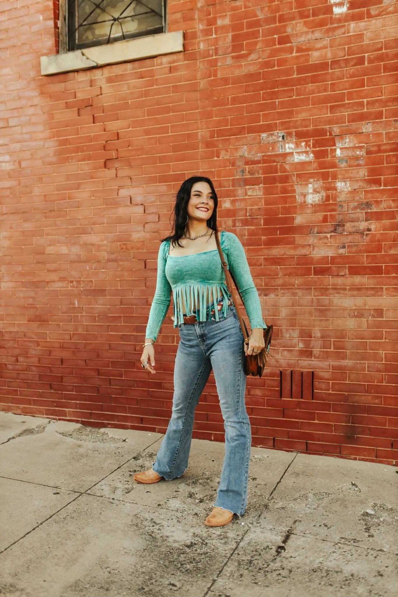 Long Sleeve Teal Fringe Top