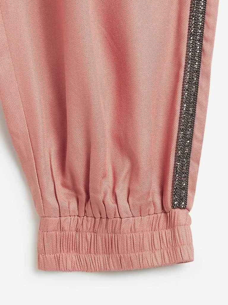 LOV Light-Pink Rhinestone Detailed Rocha Joggers