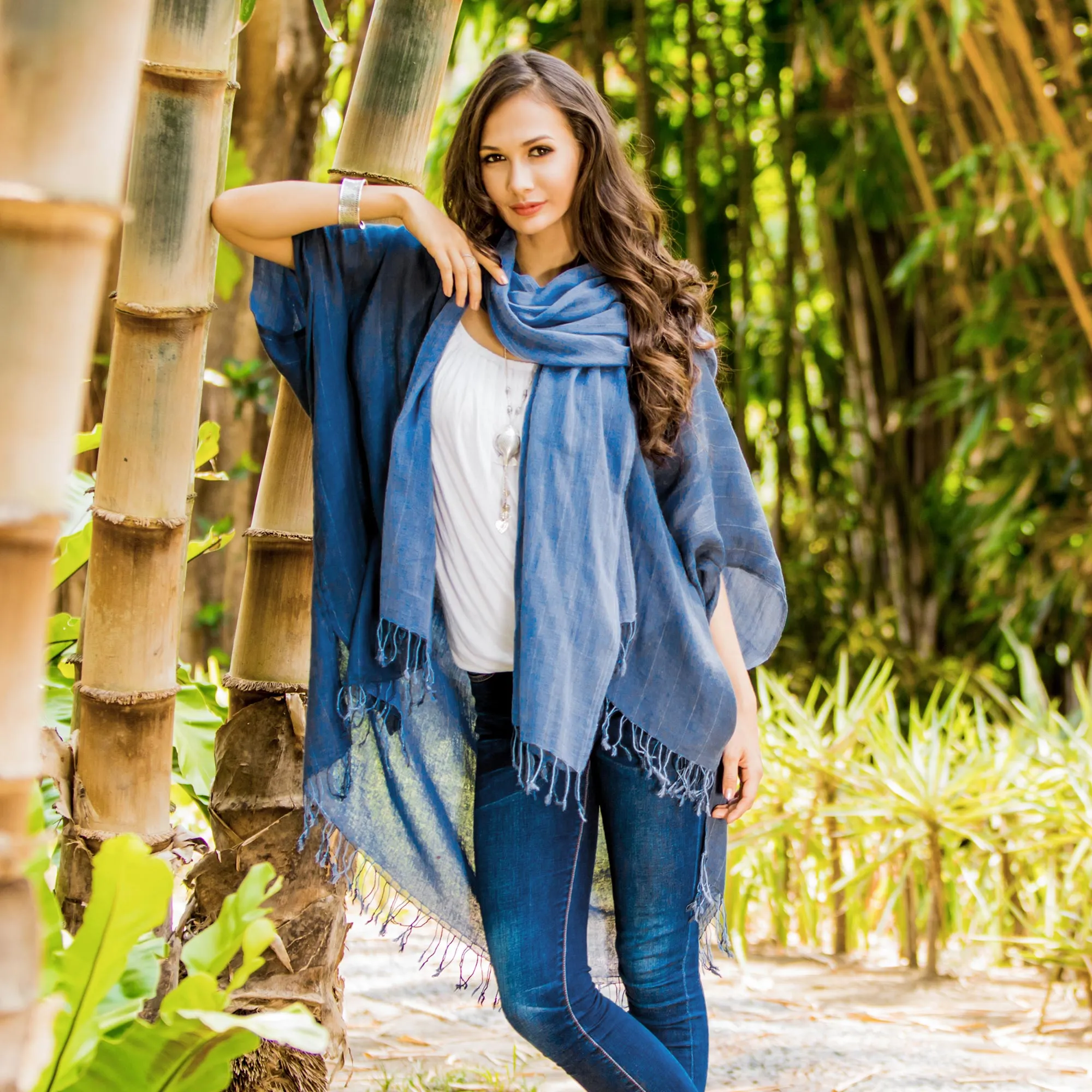 Midnight Blue Cotton Thai Jacket with Light Blue Scarf Set - Midnight Blue Mystique | NOVICA