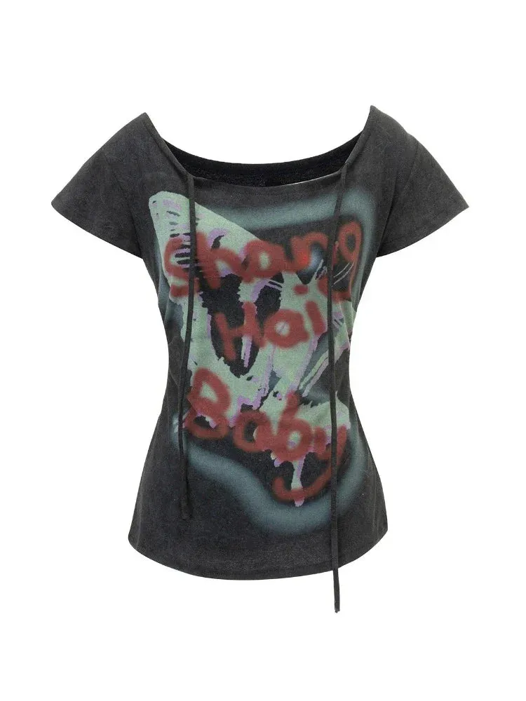 Off-shoulder Graffiti Print Top with Choker Detail