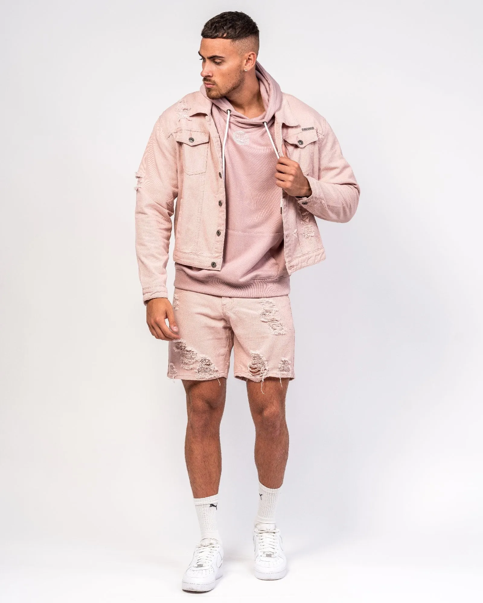 Oversized Denim Jacket In Pink With Distressing