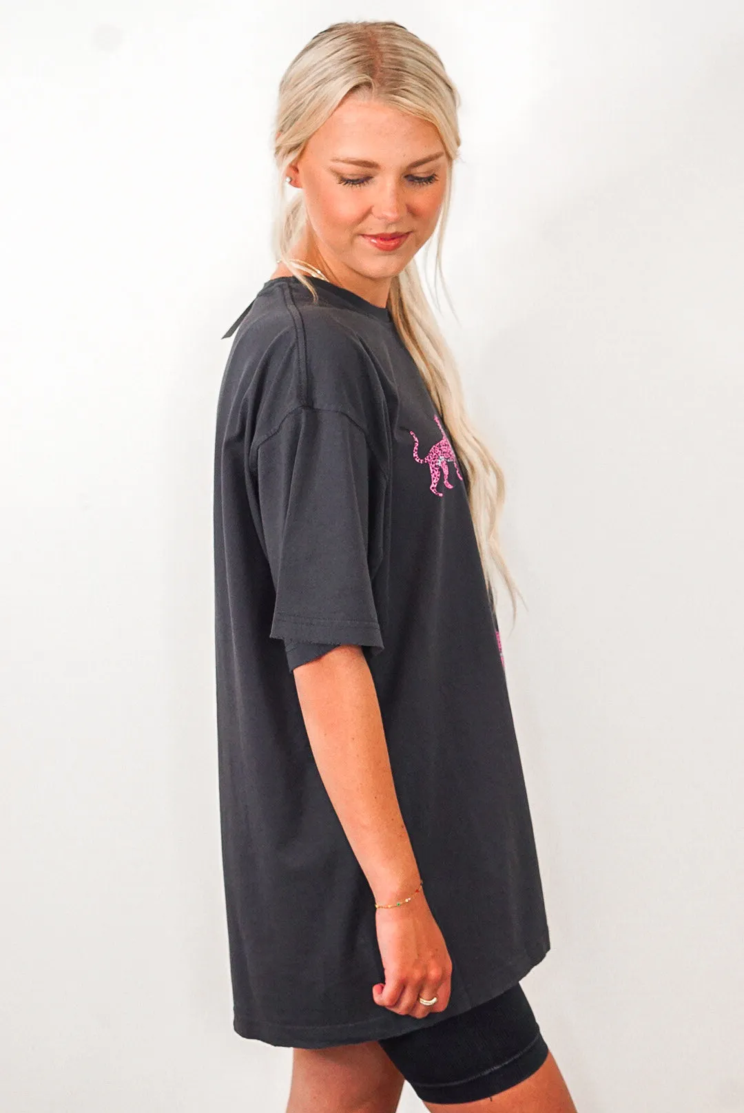 Pink Cheetah Print Black Oversized Tee