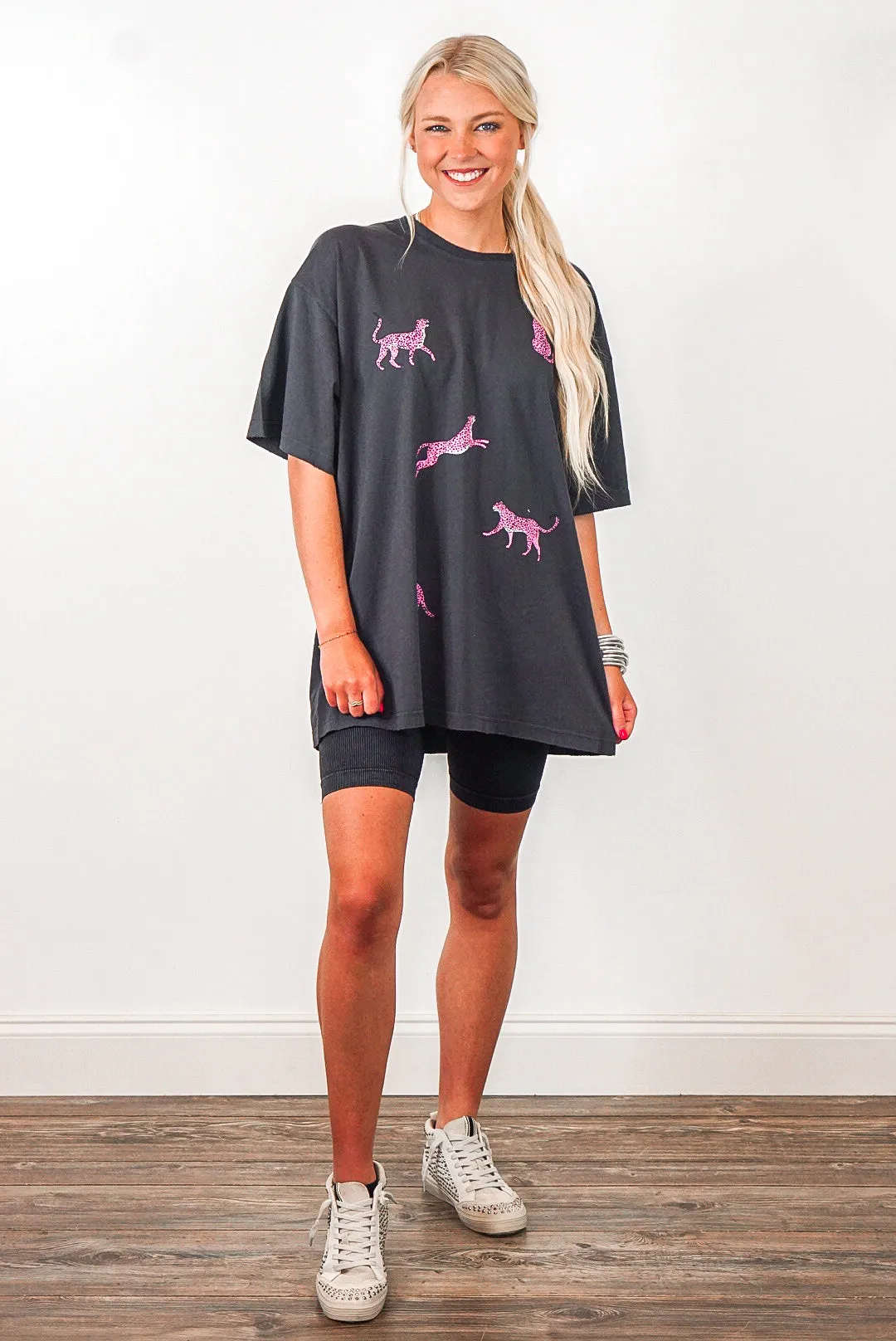 Pink Cheetah Print Black Oversized Tee