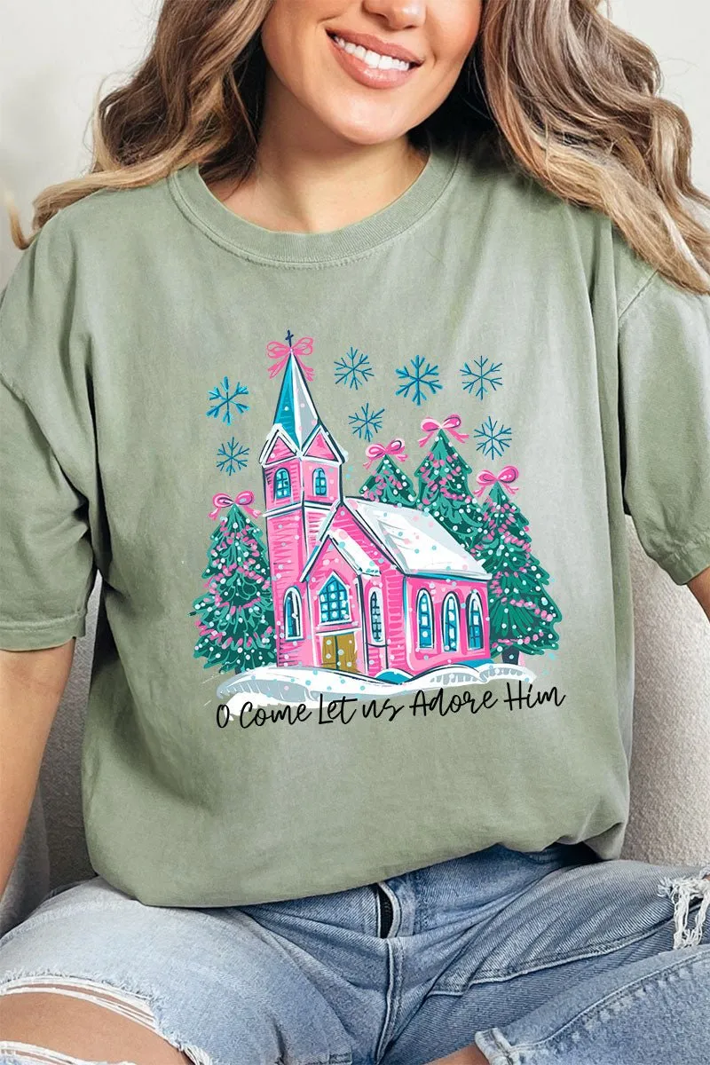 Pink Church Come Let Us Adore Him Comfort Colors Adult Ring-Spun Cotton Tee