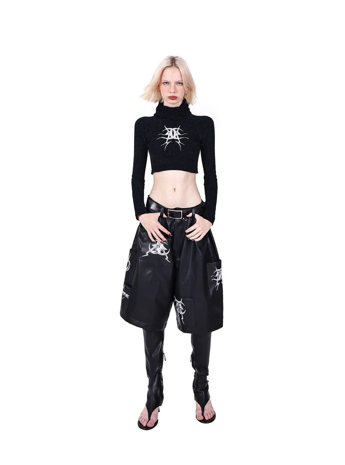 PINKSPINK Gothic Graffiti Wide-Leg Shorts - Jet Black