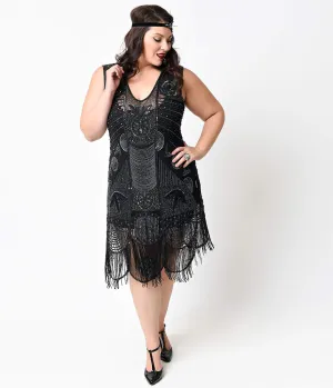 Special Order- Unique Vintage Plus Size 1920s Style Black Hand Beaded Fringe Bosley Flapper Dress