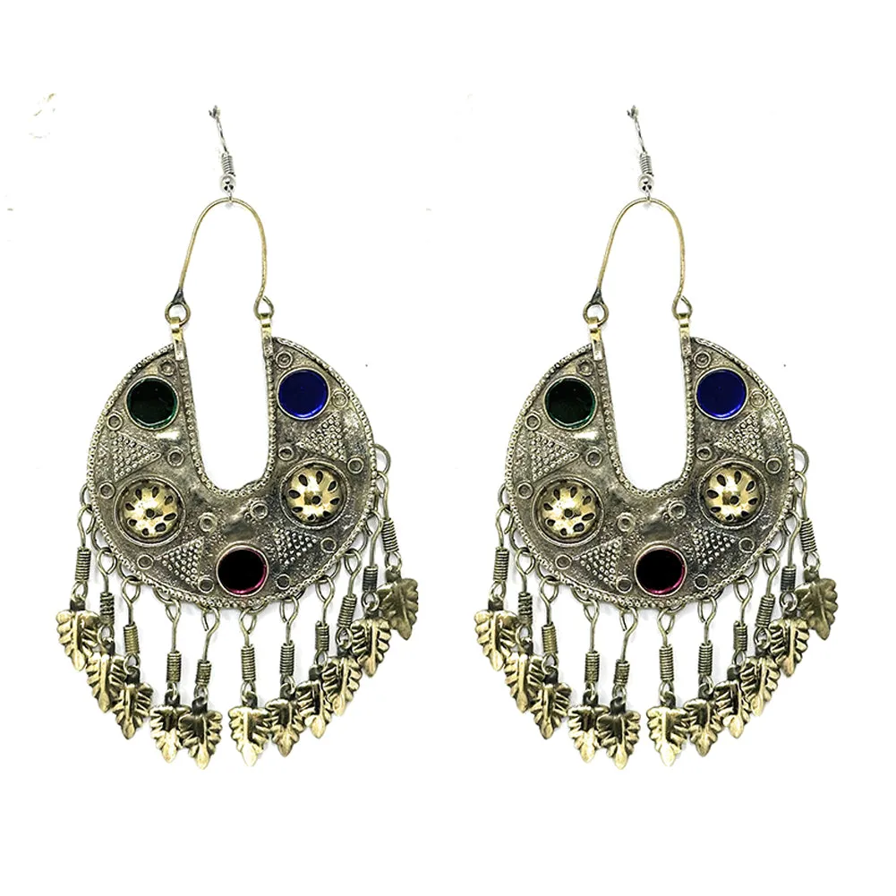 Tribal Afghan Big Statement Oxidized Finish Dangle Indian Banjara Chandbala Earrings in Multicolor Stones and Leaves - Boho Chic Casual - Duel On Jewel