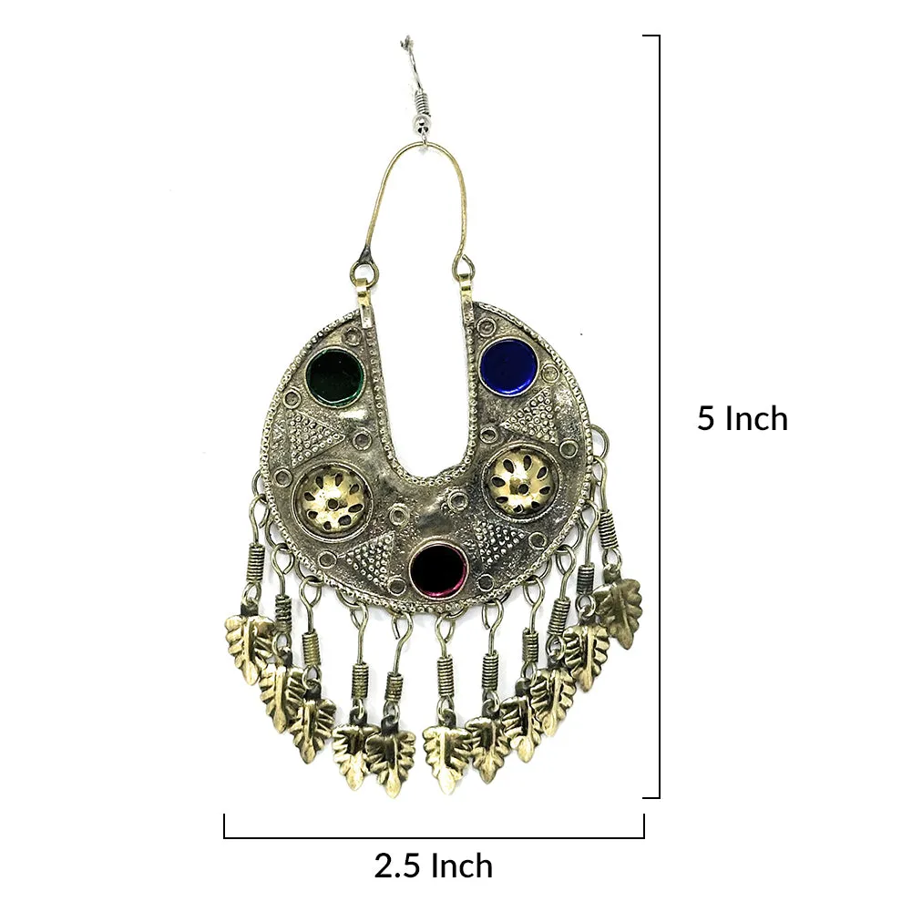 Tribal Afghan Big Statement Oxidized Finish Dangle Indian Banjara Chandbala Earrings in Multicolor Stones and Leaves - Boho Chic Casual - Duel On Jewel