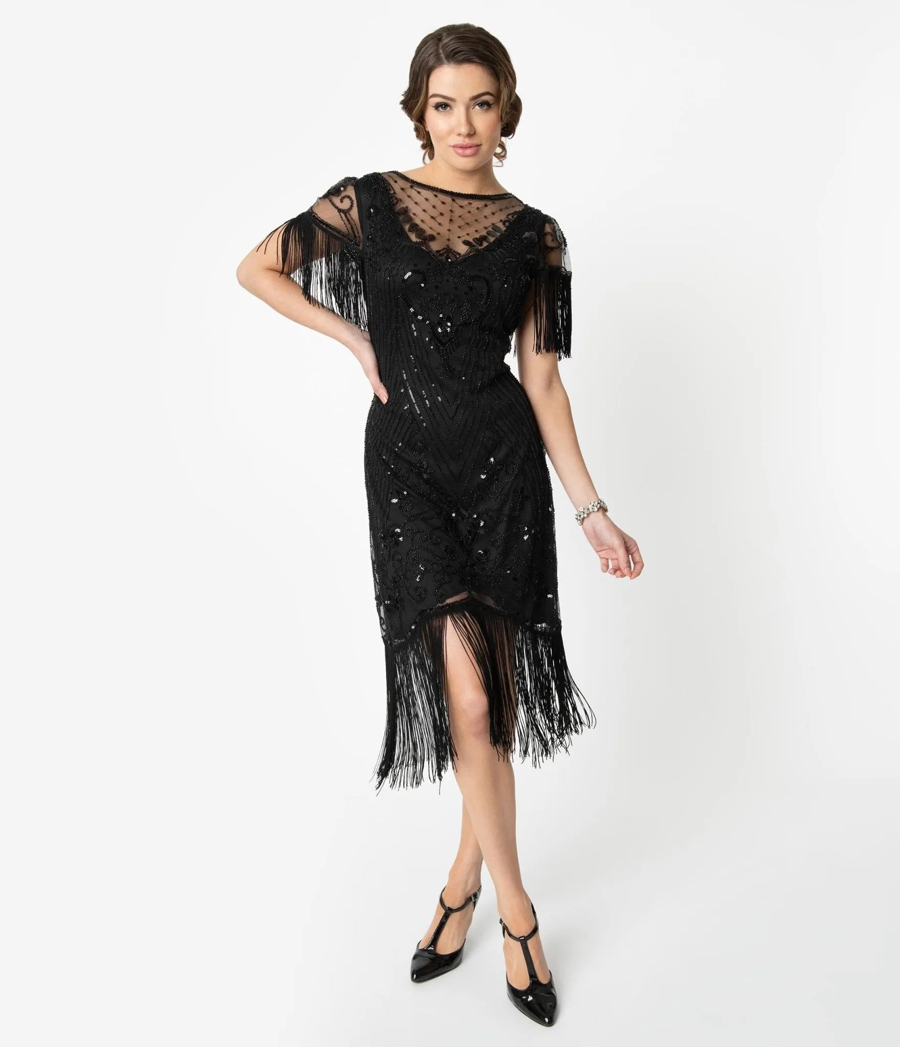 Unique Vintage 1920s Black Beaded Fringe Sleeve Nadine Flapper Dress