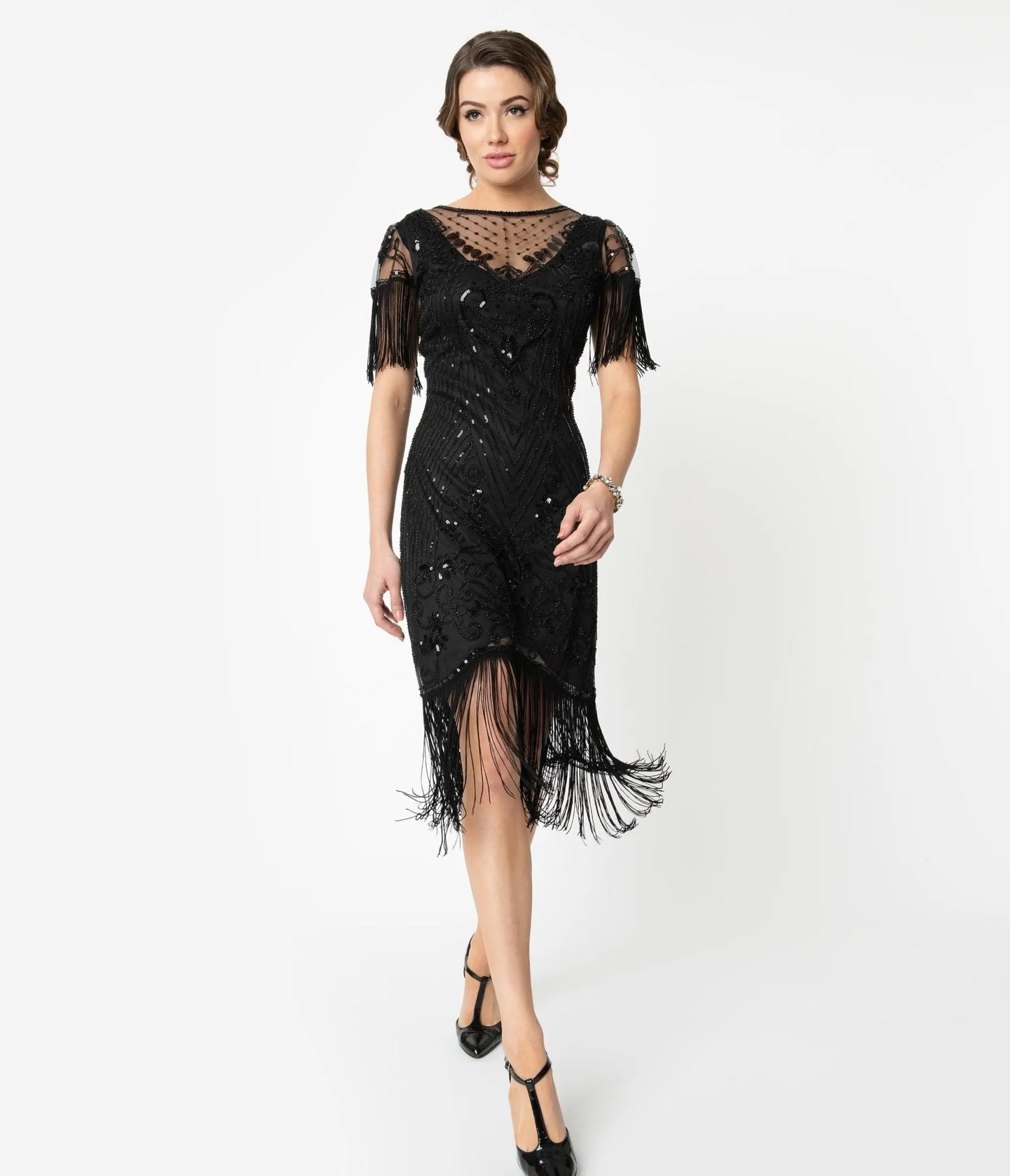 Unique Vintage 1920s Black Beaded Fringe Sleeve Nadine Flapper Dress