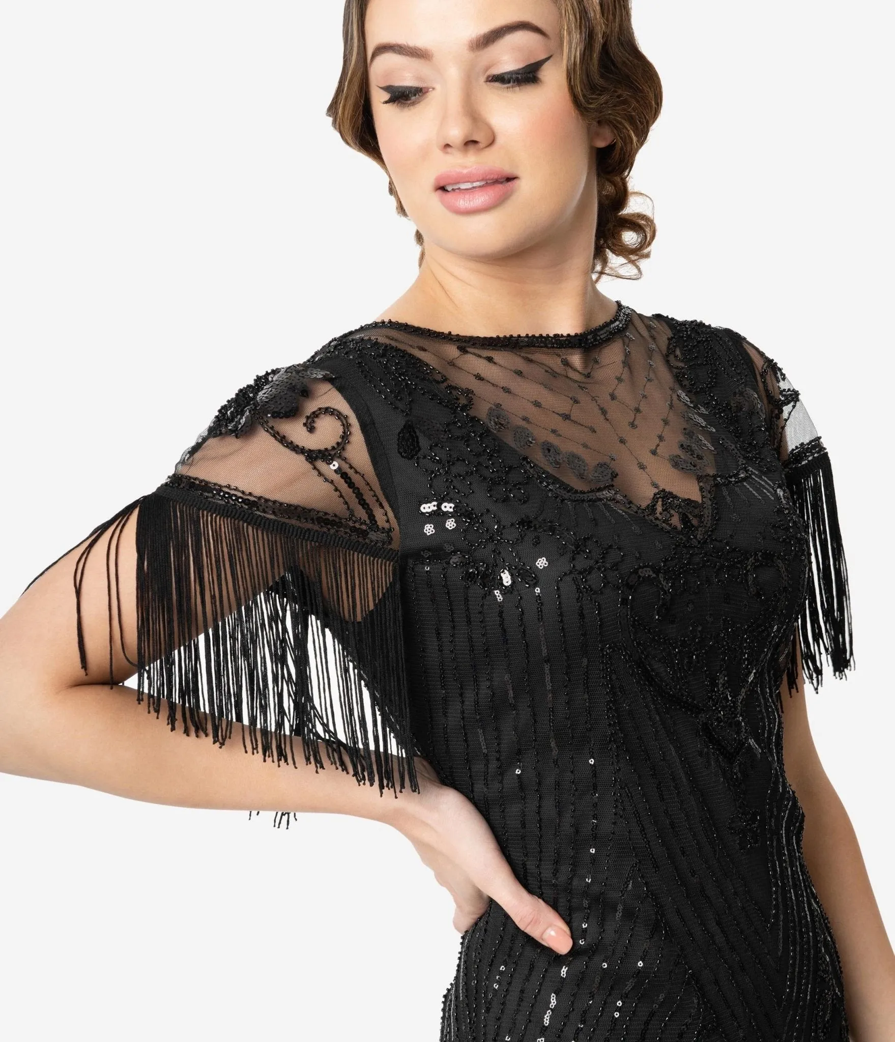 Unique Vintage 1920s Black Beaded Fringe Sleeve Nadine Flapper Dress