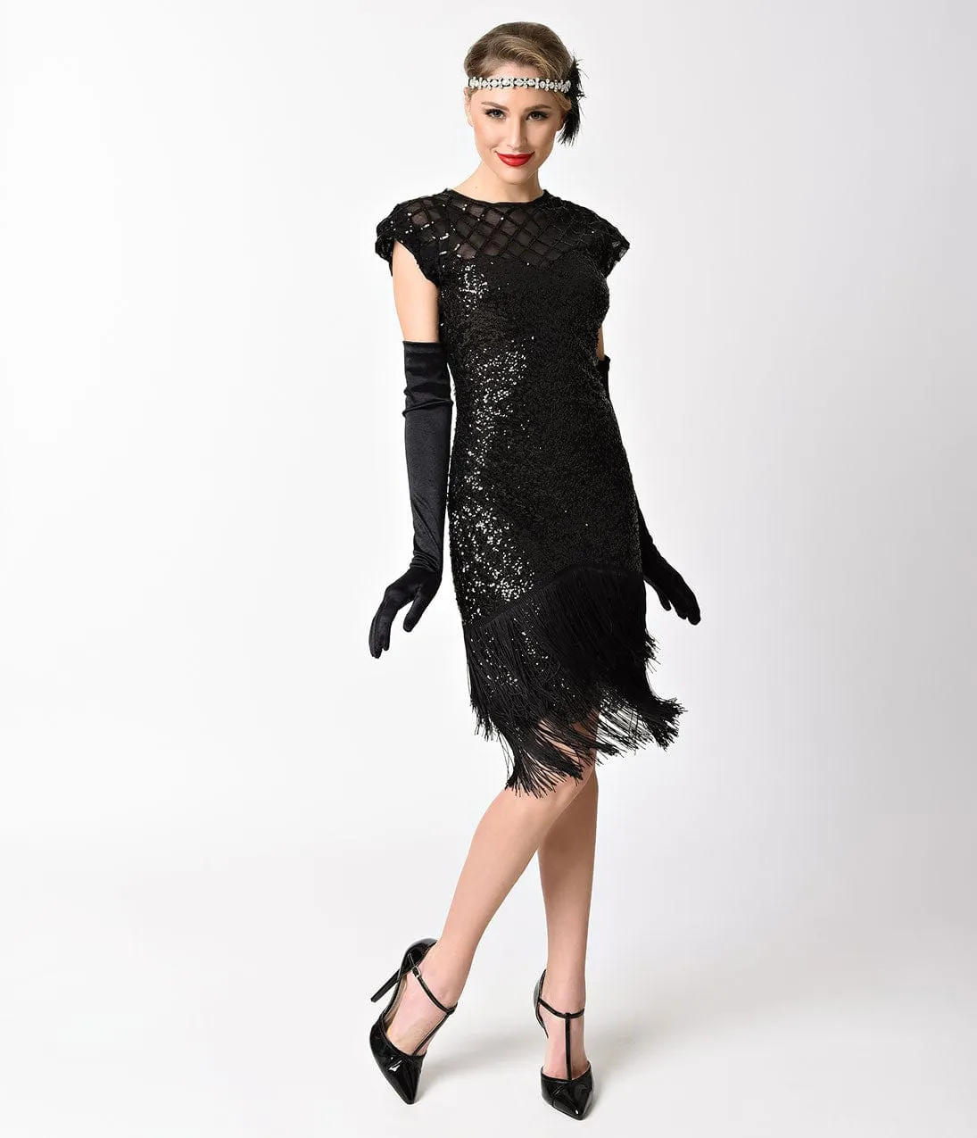 Unique Vintage 1920s Black Sequin Fringe Del Mar Flapper Dress