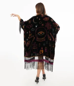 Unique Vintage 1920s Black Velvet Burnout Mystical Icons Fringe Kimono