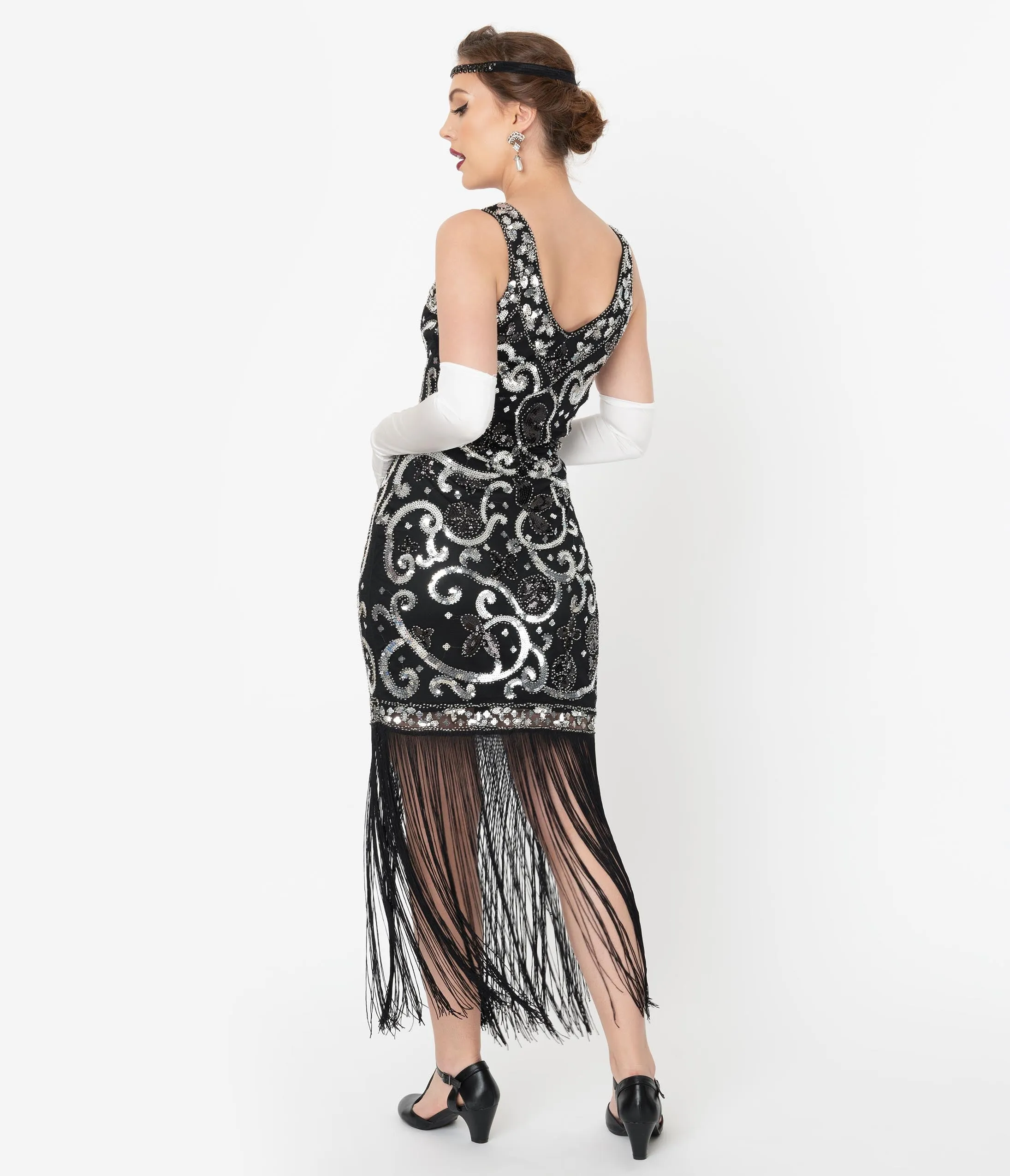 Unique Vintage Black & Silver Sequin St. Michel Fringe Flapper Dress