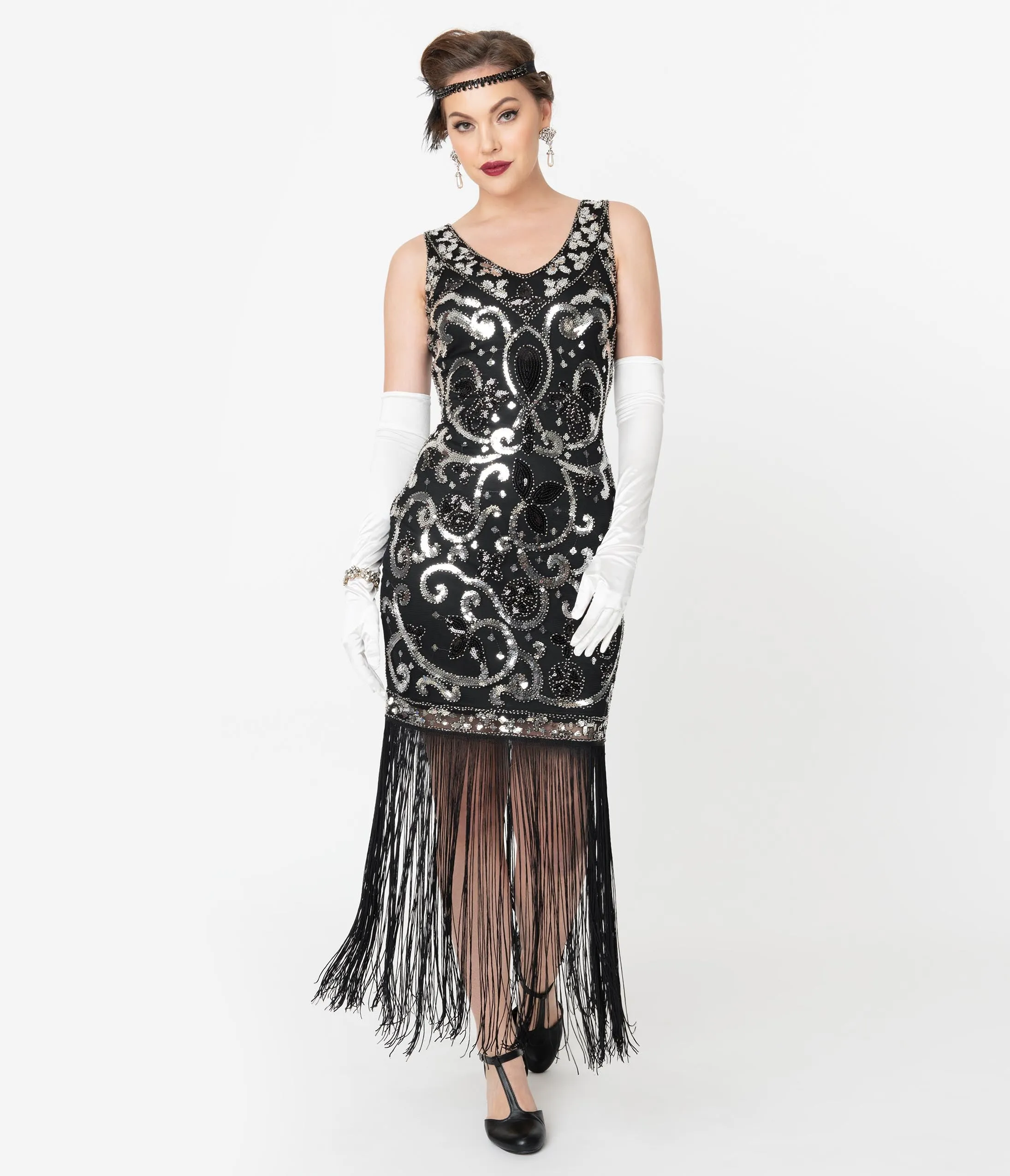 Unique Vintage Black & Silver Sequin St. Michel Fringe Flapper Dress