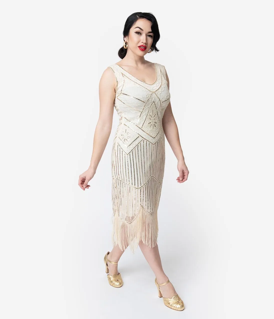 Unique Vintage Cream & Gold Beaded Leonie Fringe Flapper Dress