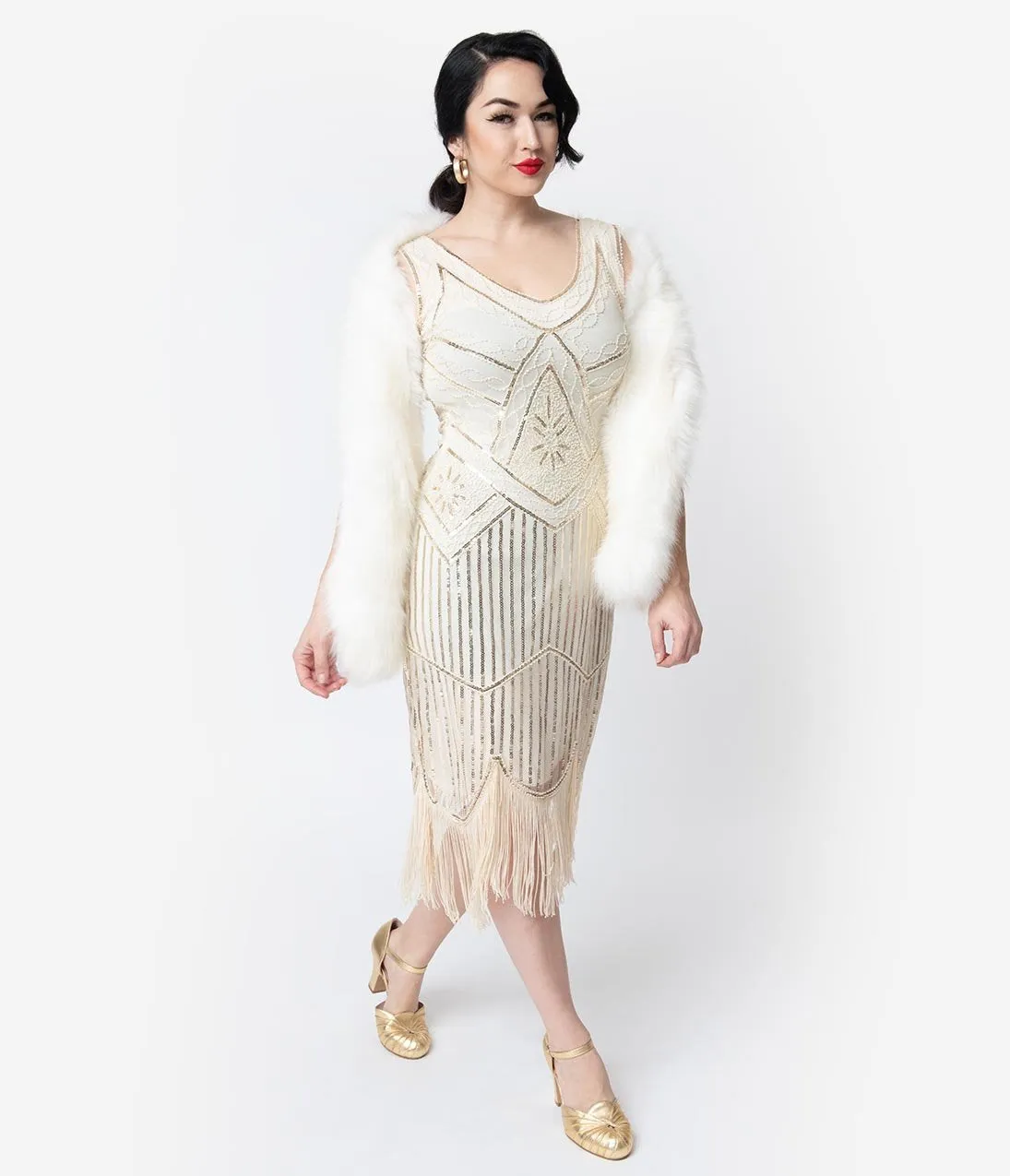 Unique Vintage Cream & Gold Beaded Leonie Fringe Flapper Dress