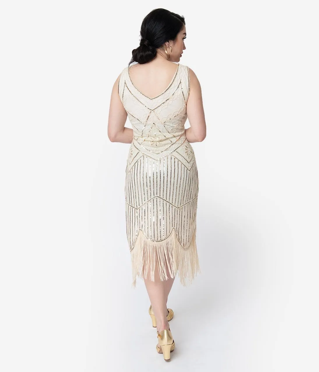 Unique Vintage Cream & Gold Beaded Leonie Fringe Flapper Dress