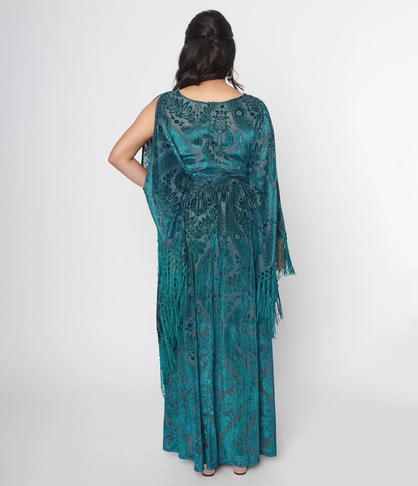 Unique Vintage Emerald Floral Fringe Flutter Sleeve Caftan