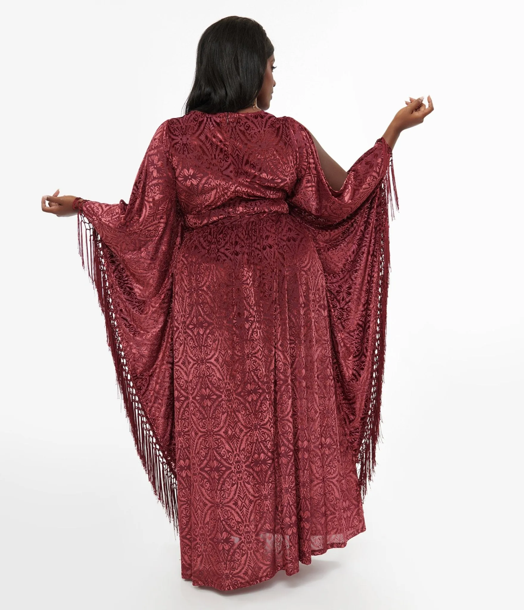 Unique Vintage Plus Size 1960s Burgundy Velvet Burnout Caftan