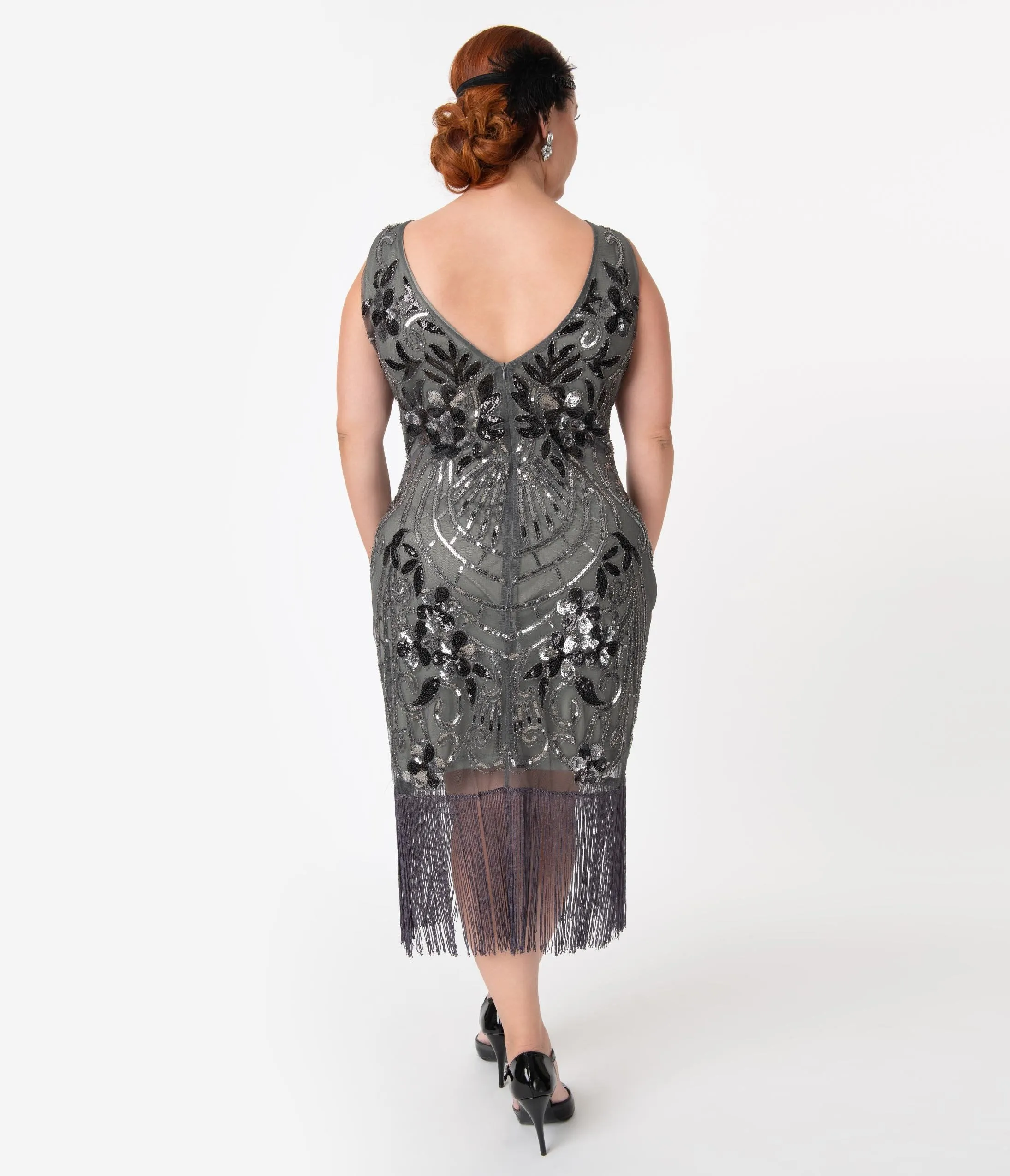 Unique Vintage Plus Size Charcoal Grey Sequin Alix Fringe Flapper Dress