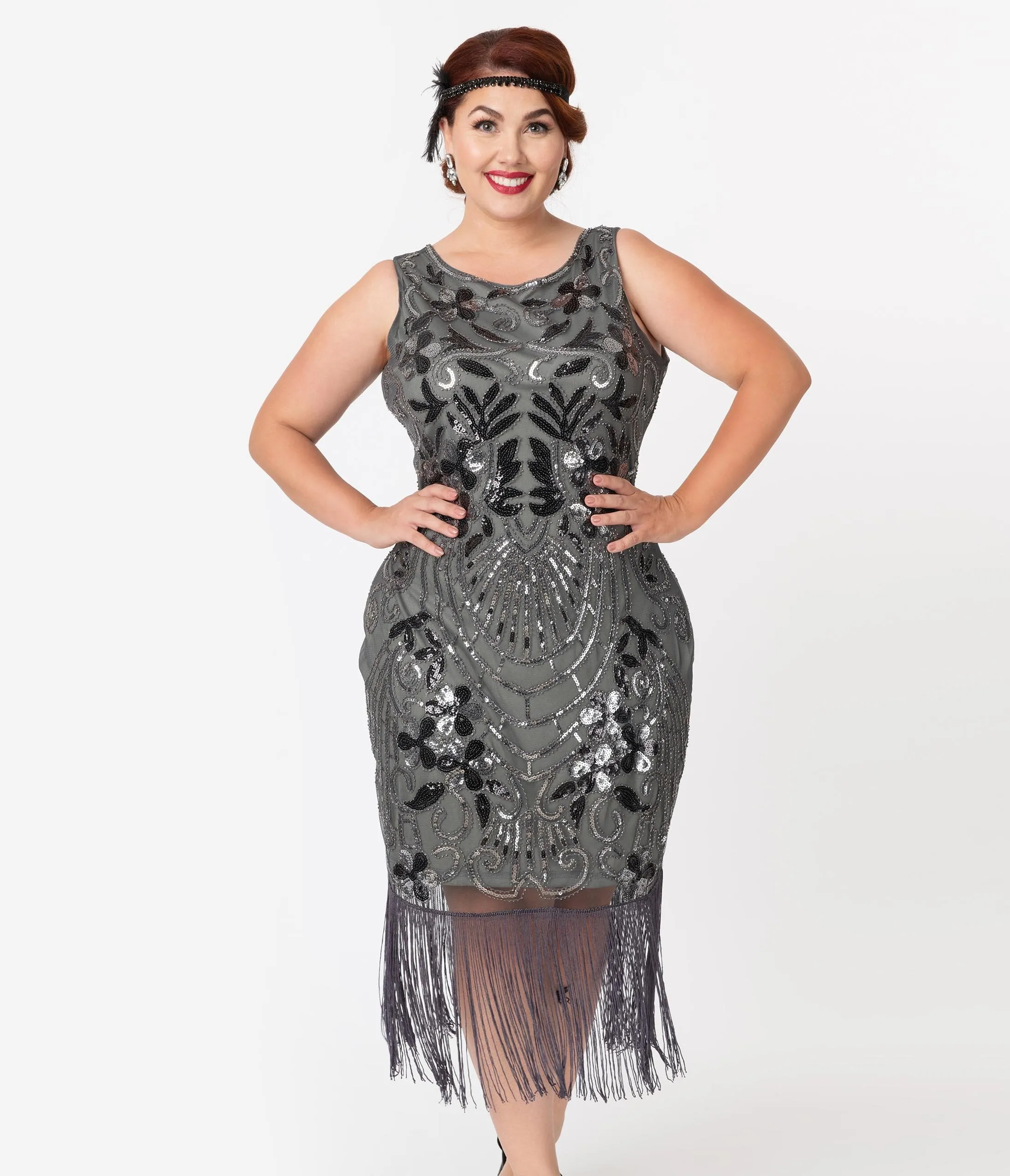 Unique Vintage Plus Size Charcoal Grey Sequin Alix Fringe Flapper Dress