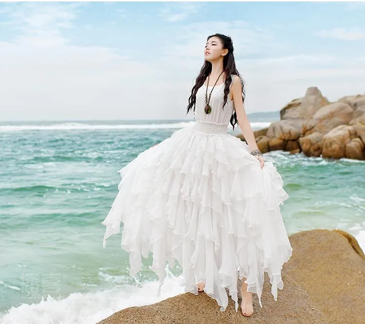 White Flowy Ruffled Tank Bohemian Dress | Mandala